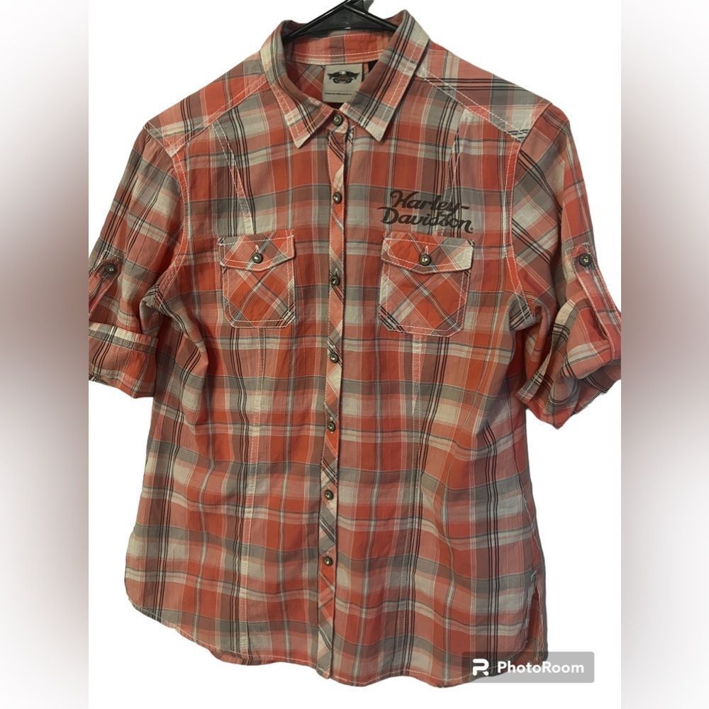 Harley Davidson Womens Short Sleeve Pink Flannel Button Down Plaid Small